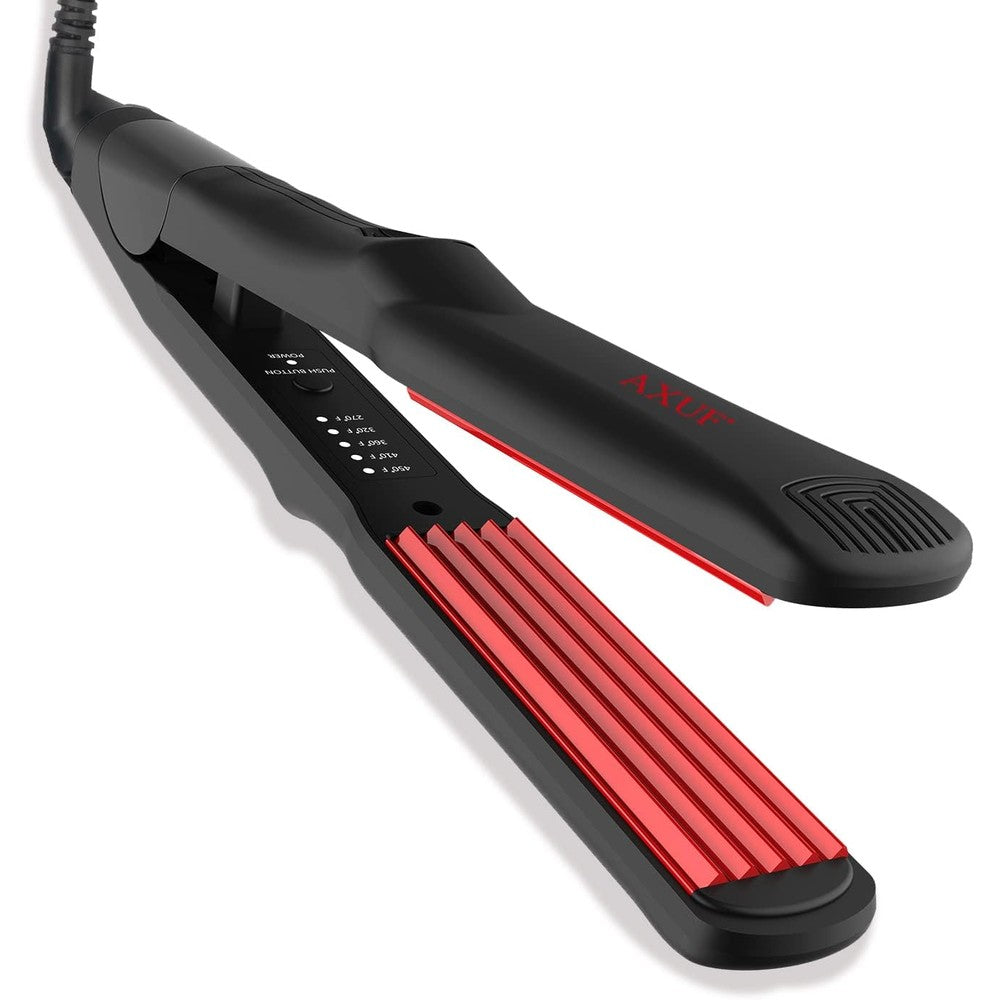 AXUF professional ceramic hair crimper iron front view showing black and red design for textured styling