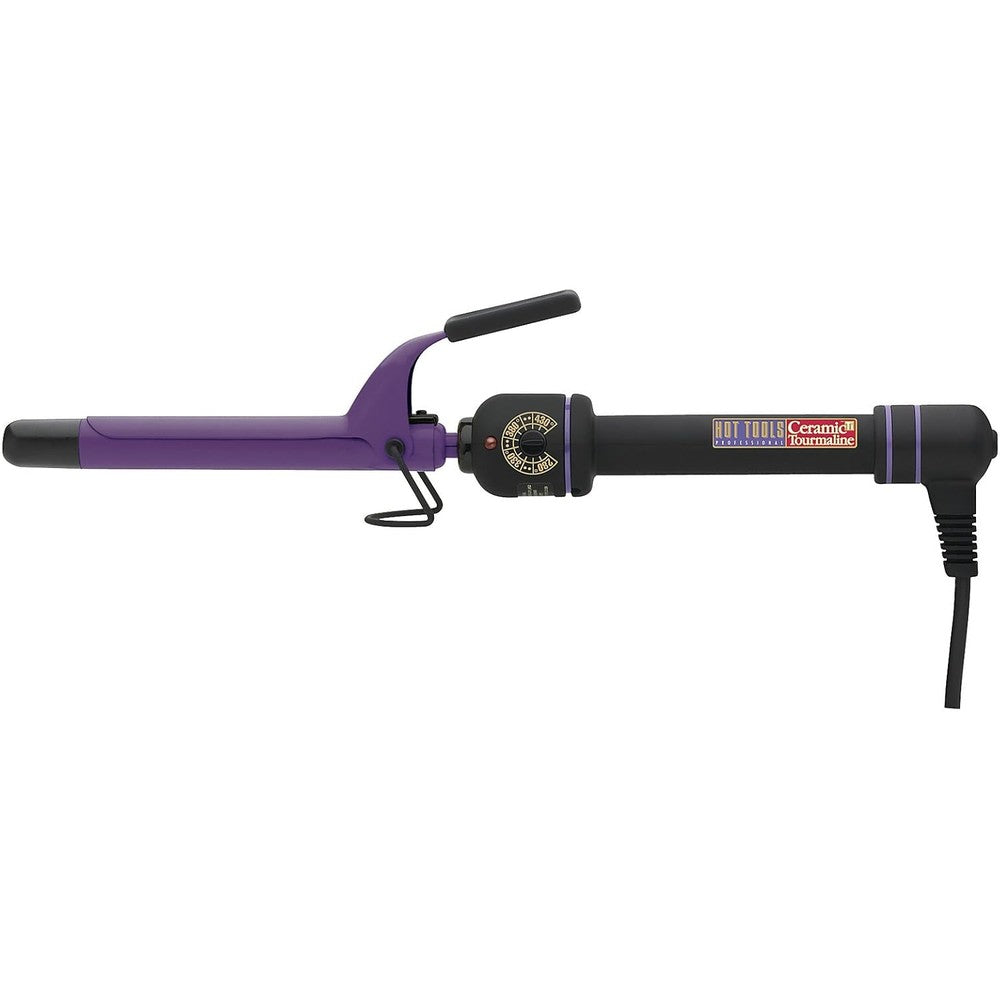 Hot Tools Professional Ceramic and Tourmaline three quarter inch spring curling iron front view showing the purple and black barrel design