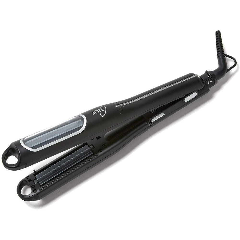 Ion Automatic Ceramic Crimping Hair Iron front view showing the rotating rippled barrels for premium styling