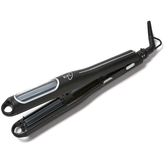 Ion Automatic Ceramic Crimping Hair Iron front view showing the rotating rippled barrels for premium styling