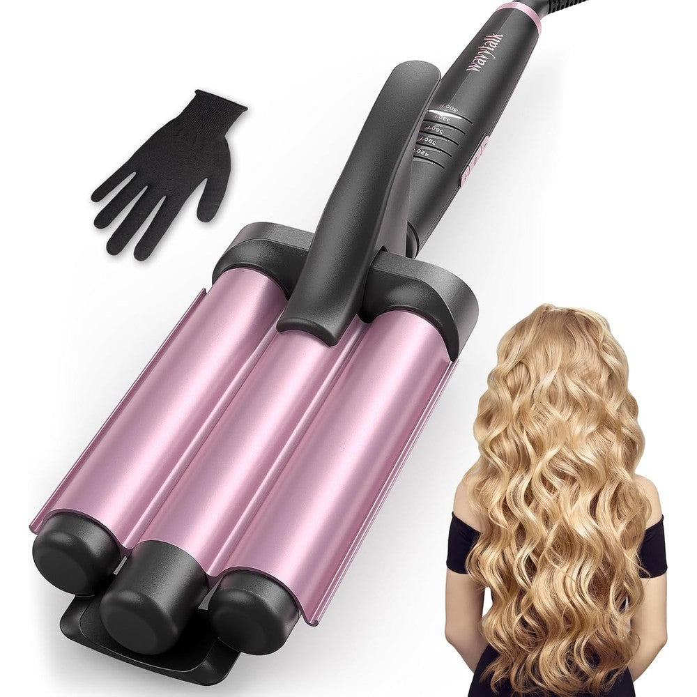 Wavytalk 3 barrel curling iron wand rose pink front view styling tool