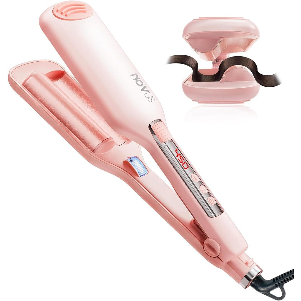 NOVUS Beach Waves Curling Iron front view displaying the pink dual ceramic barrels