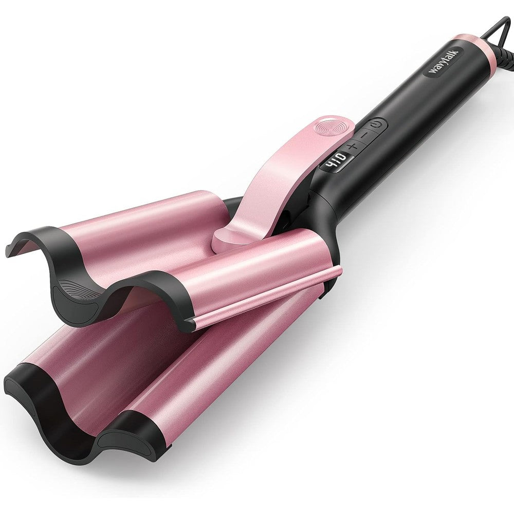 Wavytalk professional hair crimper front view showing the rose gold three barrel design