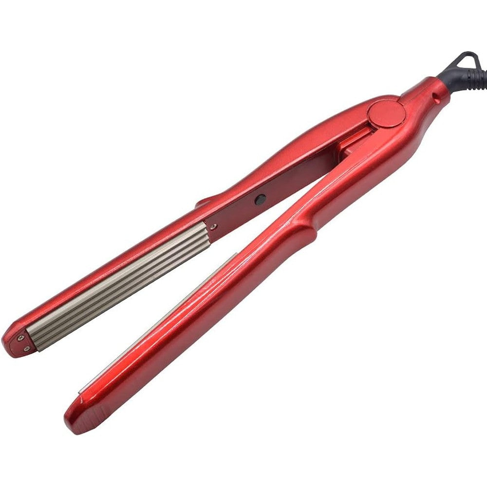 Wangmeili pro hair crimper front view showcasing the red corrugated ceramic plates for volumizing hair.