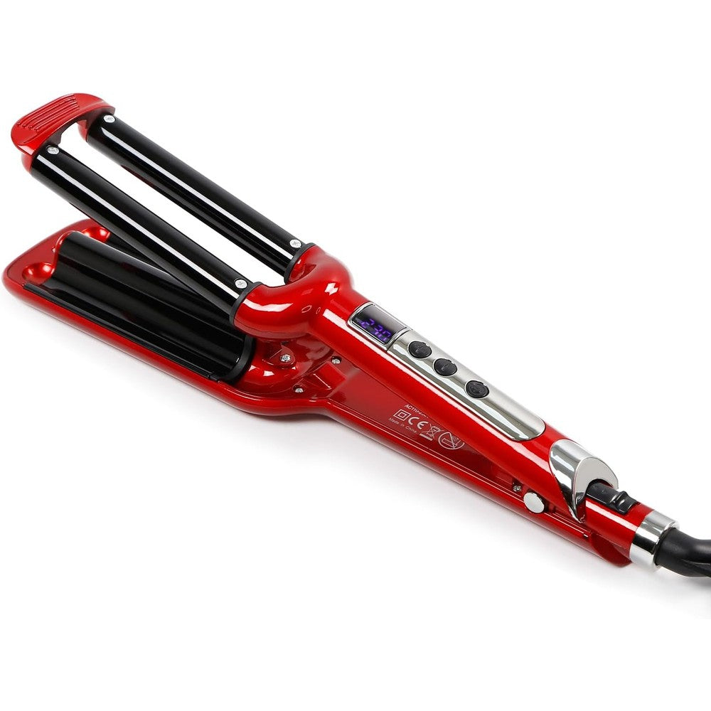Mannice ceramic hair crimper 3 barrel waver front view showing the red handle and styling plates.