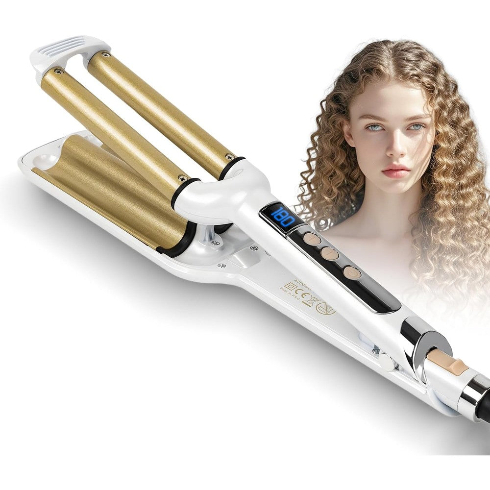 Lam(MS)pen Hair Crimper Wave Iron front view featuring the pink three barrel ceramic design.