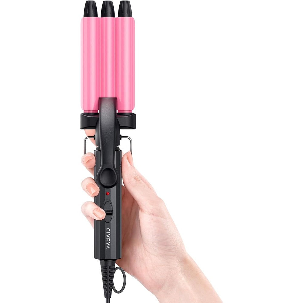 CIVEYA mini hair crimper three barrel waver pink front view showing ceramic barrels