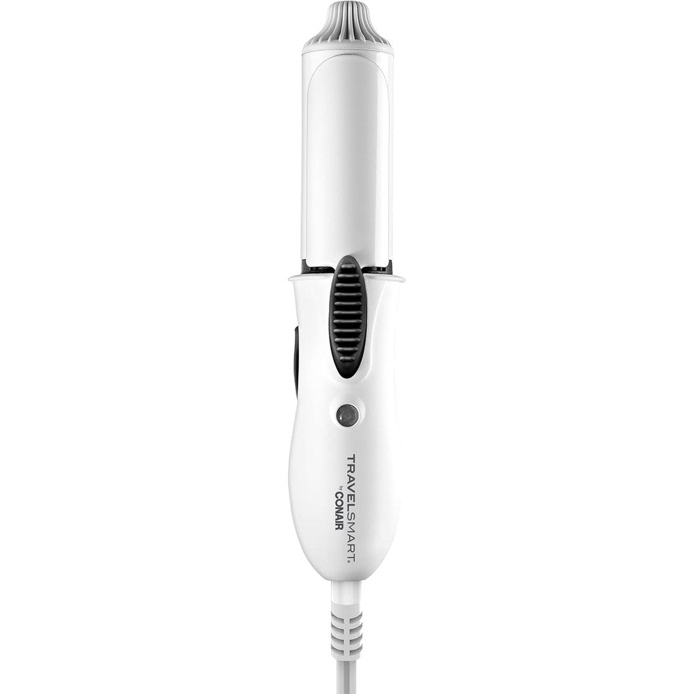 Conair Travel Smart mini ceramic curling iron white front view for travel hairstyling