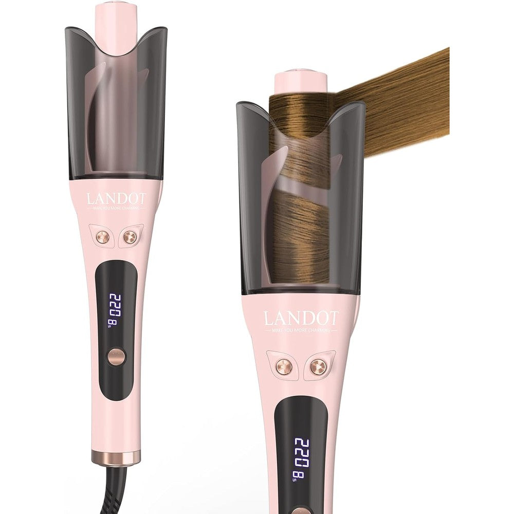 LANDOT Automatic Curling Iron front view of the charming pink 25mm self rotating hair curler wand