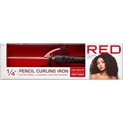 Red by Kiss pencil curling iron front view showing the thin quarter inch barrel
