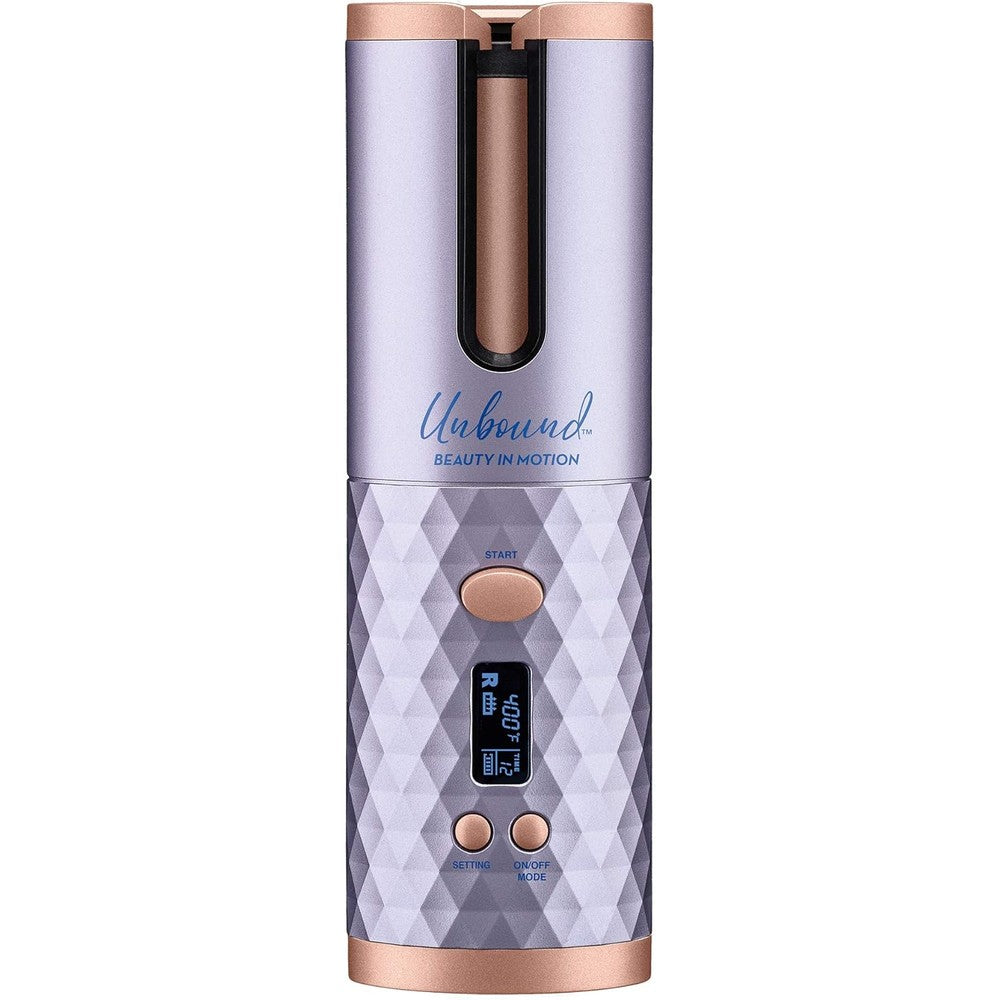 Conair Unbound Cordless Auto Curler front view showcasing lilac finish and digital display screen.
