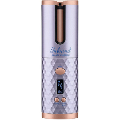 Conair Unbound Cordless Auto Curler front view showcasing lilac finish and digital display screen.