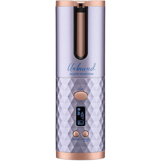 Conair Unbound Cordless Auto Curler front view showcasing lilac finish and digital display screen.