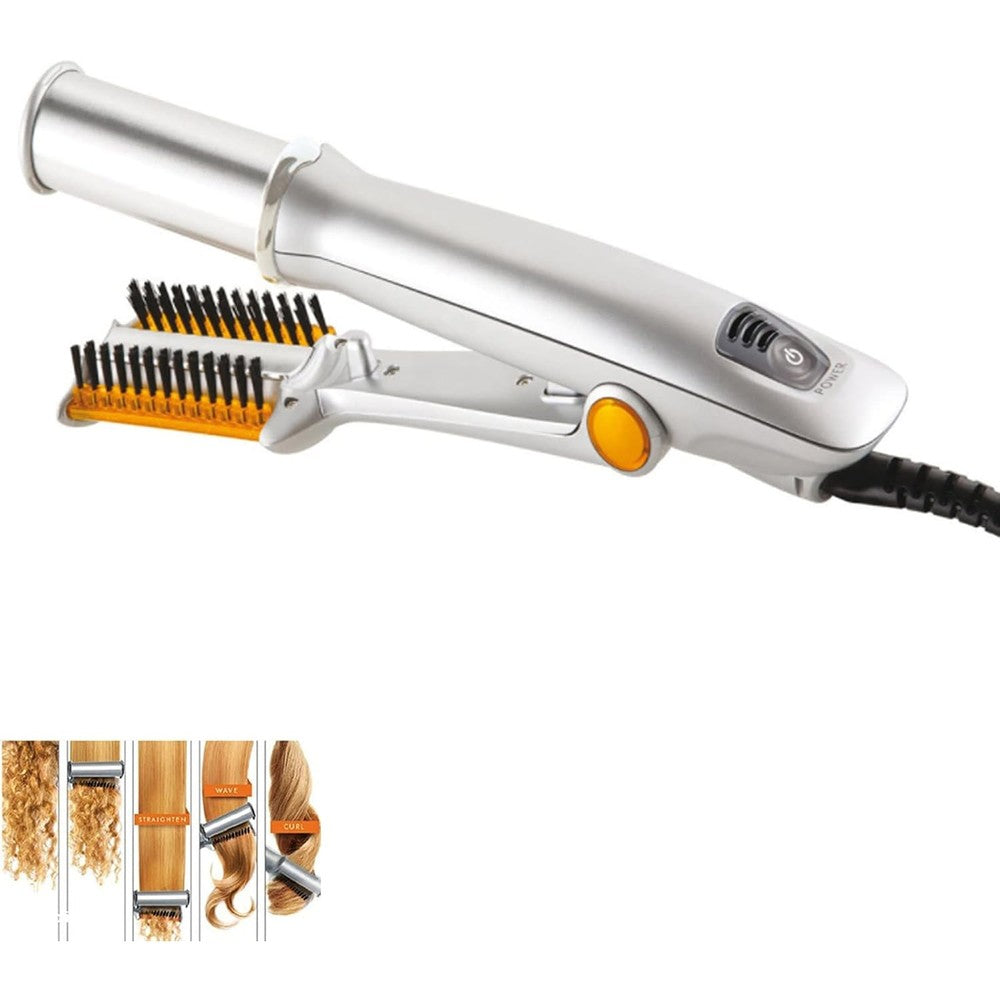 JMADENQ 2 in 1 electric hair iron front view showing the silver rotating barrel and premium bristle brush design