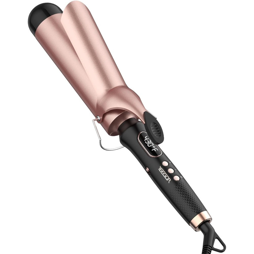 YEEGOR 2 inch extra large curling iron front view showing the rose gold tourmaline ceramic barrel and black handle.