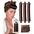 RIFFIN Grande Heatless Curls Overnight Rods front view showing three brown velvet rollers and satin scarf packaging