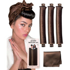 RIFFIN Grande Heatless Curls Overnight Rods front view showing three brown velvet rollers and satin scarf packaging