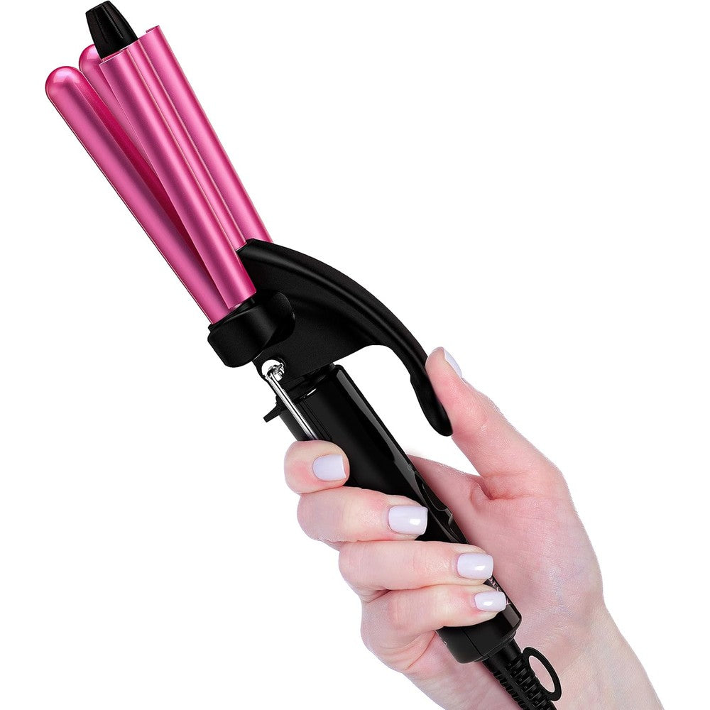 FARERY mini waver curling iron front view showing three pink ceramic barrels
