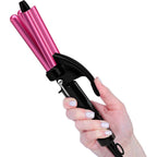 FARERY mini waver curling iron front view showing three pink ceramic barrels