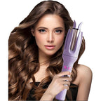 INK-EEZE automatic curling iron purple front view showcasing ergonomic handle and buttons