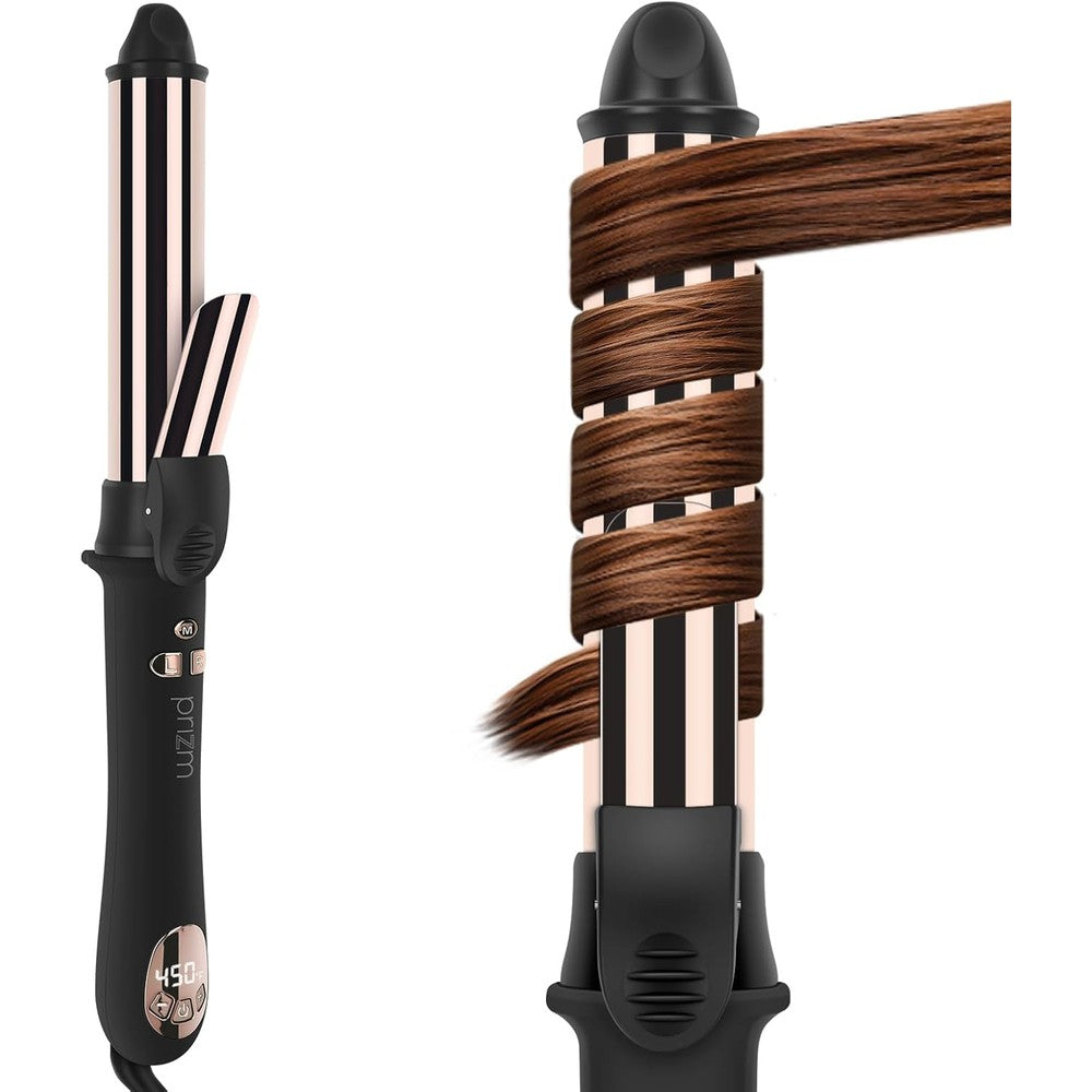 Prizm automatic curling iron front view showing the 32mm barrel and black handle.