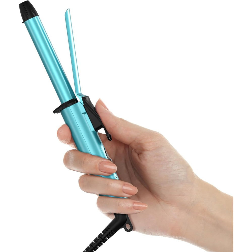 FARERY travel size mini curling iron front view blue ceramic barrel hair curler