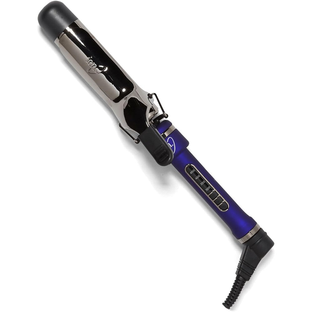 Ion Titanium Pro Curling Iron front view displaying the blue handle and adjustable heat dial
