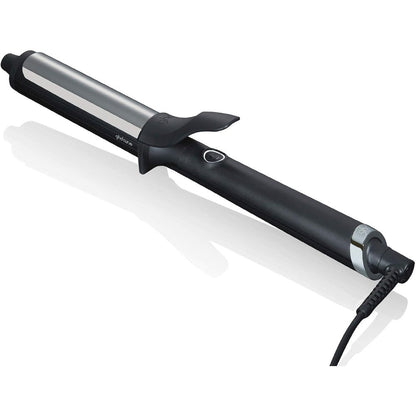 Ghd Curve Soft Curl Tong professional hair curler front view showcasing the large thirty-two millimeter ceramic barrel and black spring-activated lever.