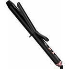 Farery Long Barrel Curling Iron front view showing the matte black design and rose gold accent buttons