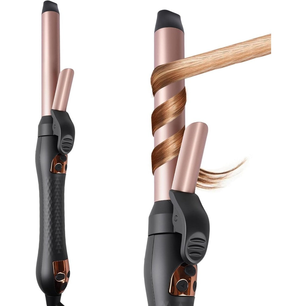 LANDOT Automatic Rotating Curling Iron front view showcasing the rose gold ceramic barrel and buttons.
