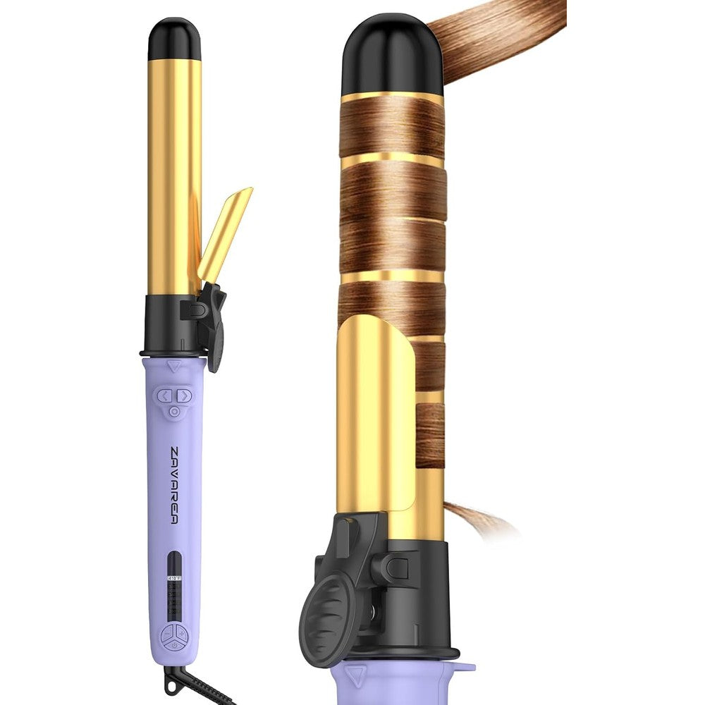 ZAVAREA automatic rotating curling iron front view showing the purple handle and gold ceramic barrel