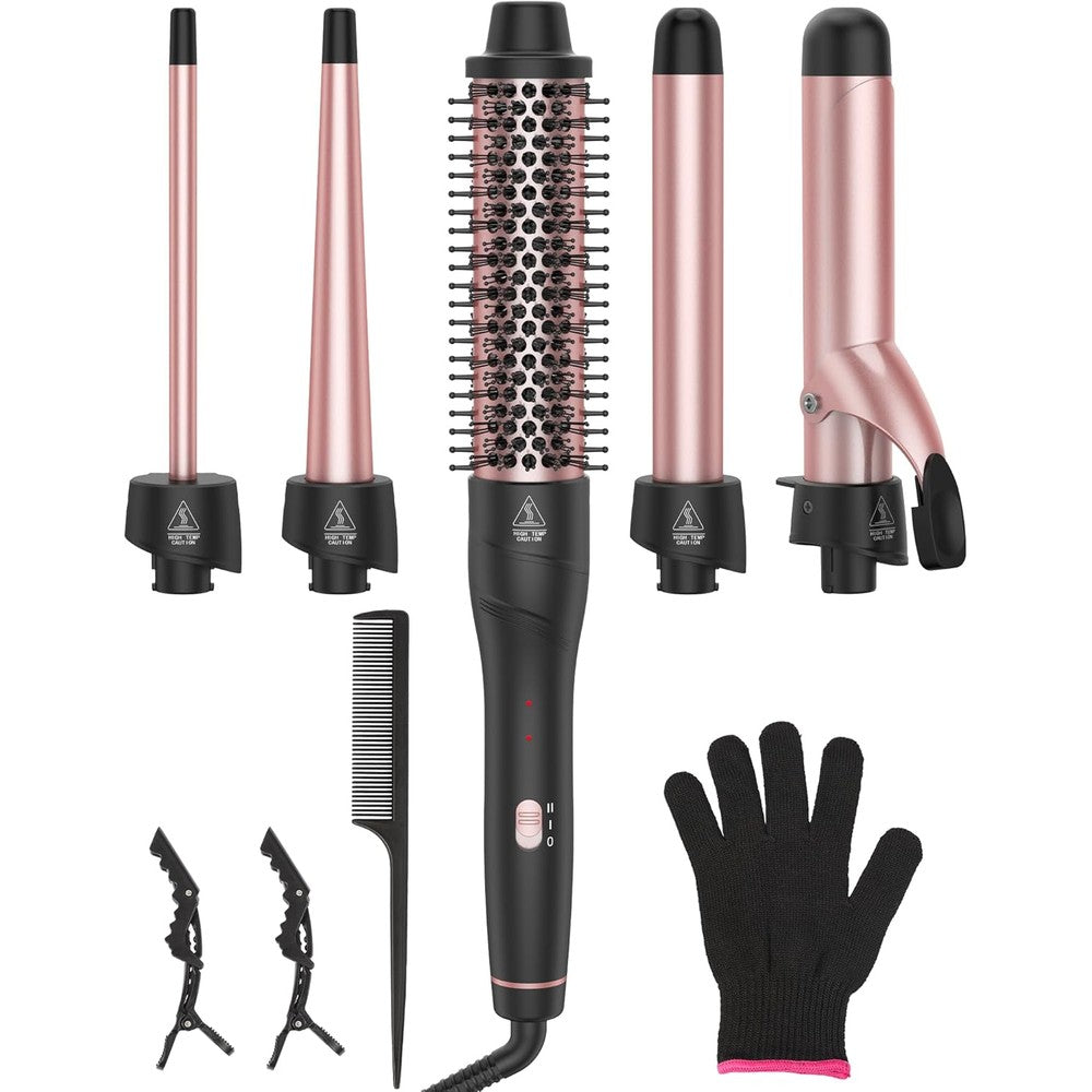 Aniekin 5 in 1 curling iron set front view with interchangeable barrels and thermal brush