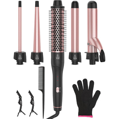 Aniekin 5 in 1 curling iron set front view with interchangeable barrels and thermal brush