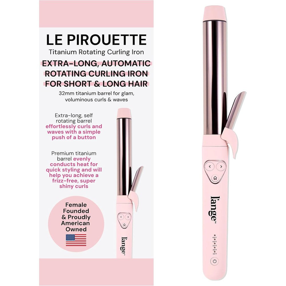 L'ANGE HAIR Le Pirouette 32mm titanium rotating curling iron front view in blush pink color