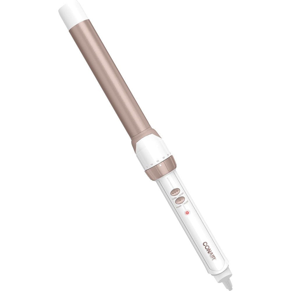 Conair Double Ceramic One Inch Curling Wand front view showing white handle and rose gold barrel