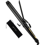 LANVIER extra long barrel curling iron front view showing the ceramic tourmaline barrel and black handle.