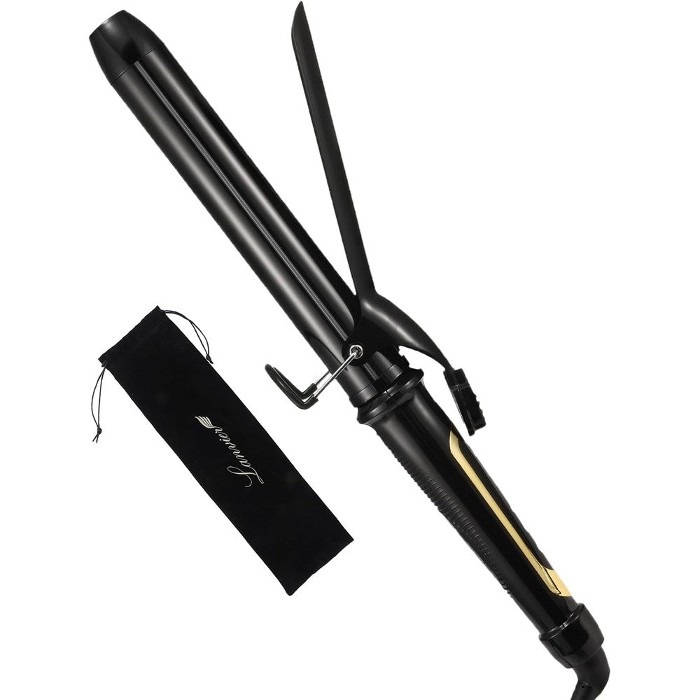 LANVIER extra long barrel curling iron front view showing the ceramic tourmaline barrel and black handle.