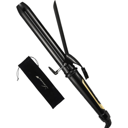 LANVIER extra long barrel curling iron front view showing the ceramic tourmaline barrel and black handle.