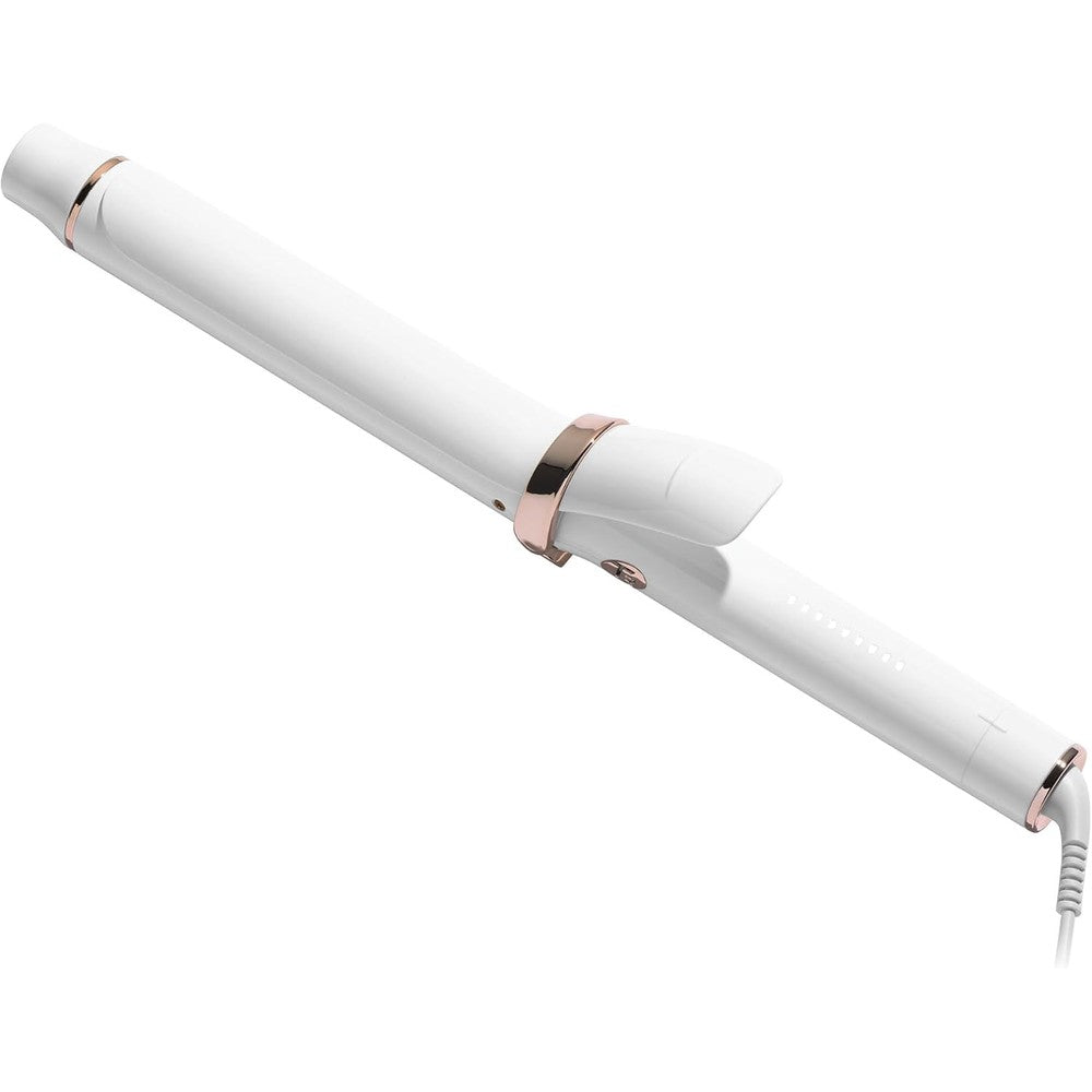 T3 SinglePass Curl X Extra-Long Barrel Ceramic Curling Iron front view showing premium white and rose gold design