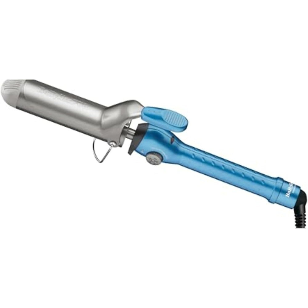 BaBylissPRO nano titanium spring curling iron front view showing blue handle and metallic barrel
