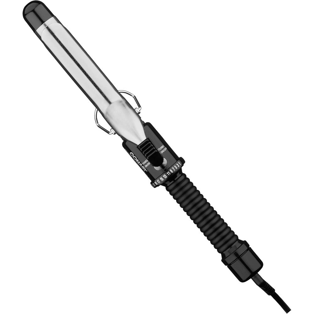 Conair Instant Heat One Inch Curling Iron front view displaying the black handle and chrome barrel.