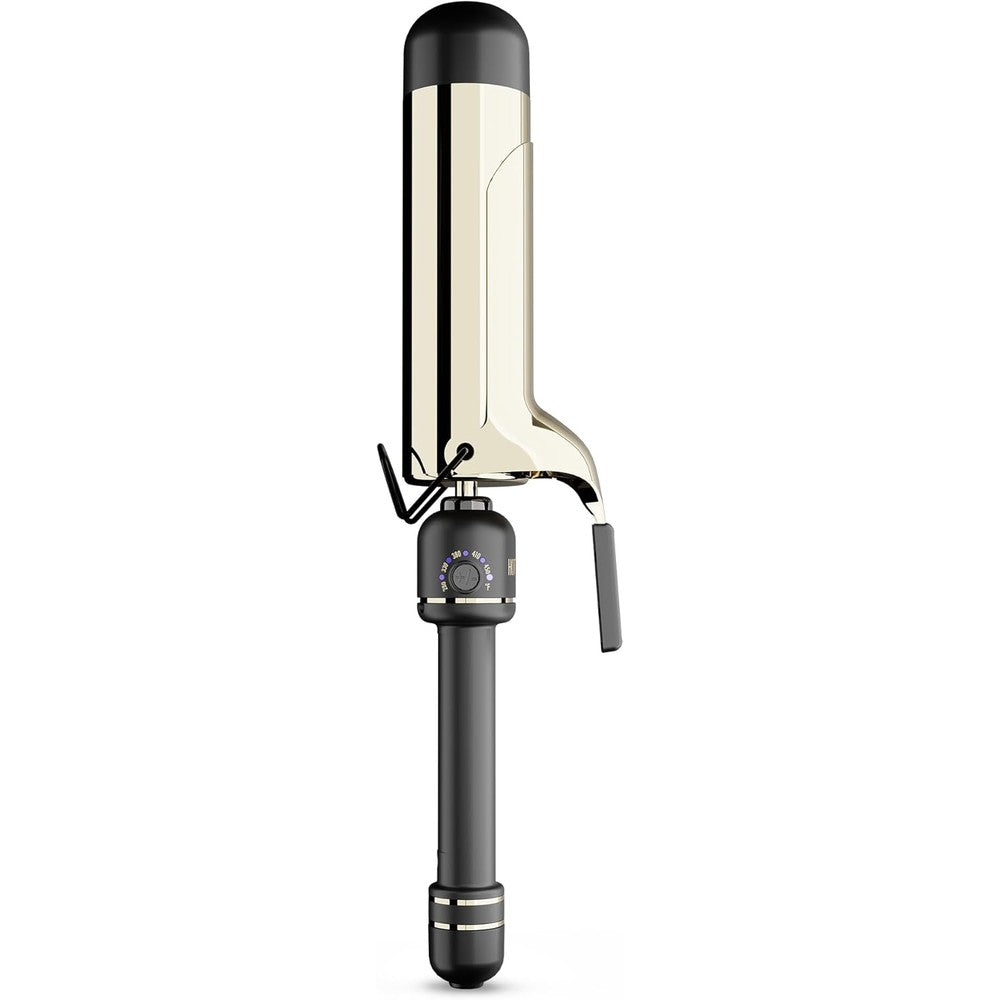 Hot Tools 24K Gold Professional 2 Inch Extended Barrel Curling Iron front view showing the gold-plated surface and clamp.