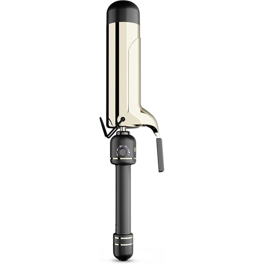 Hot Tools 24K Gold Professional 2 Inch Extended Barrel Curling Iron front view showing the gold-plated surface and clamp.