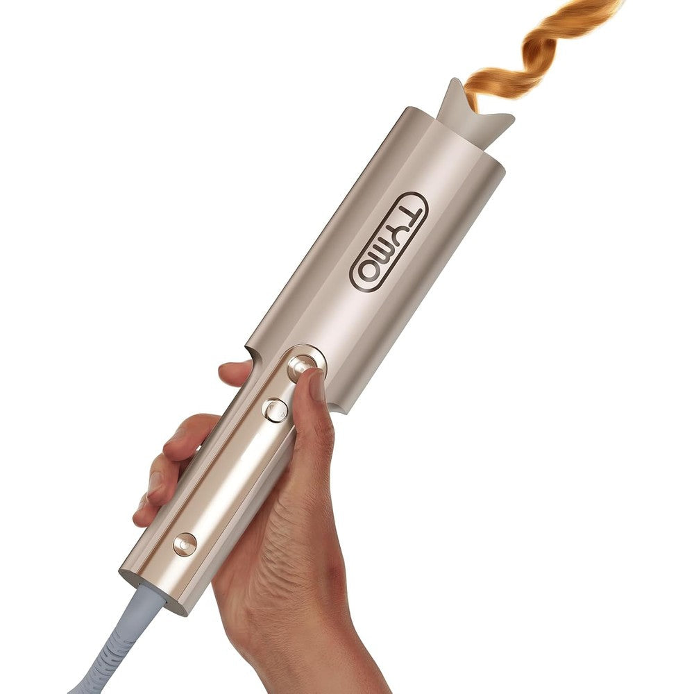 TYMO CurlPro Plus automatic rotating curling iron front view showing gold ceramic barrel