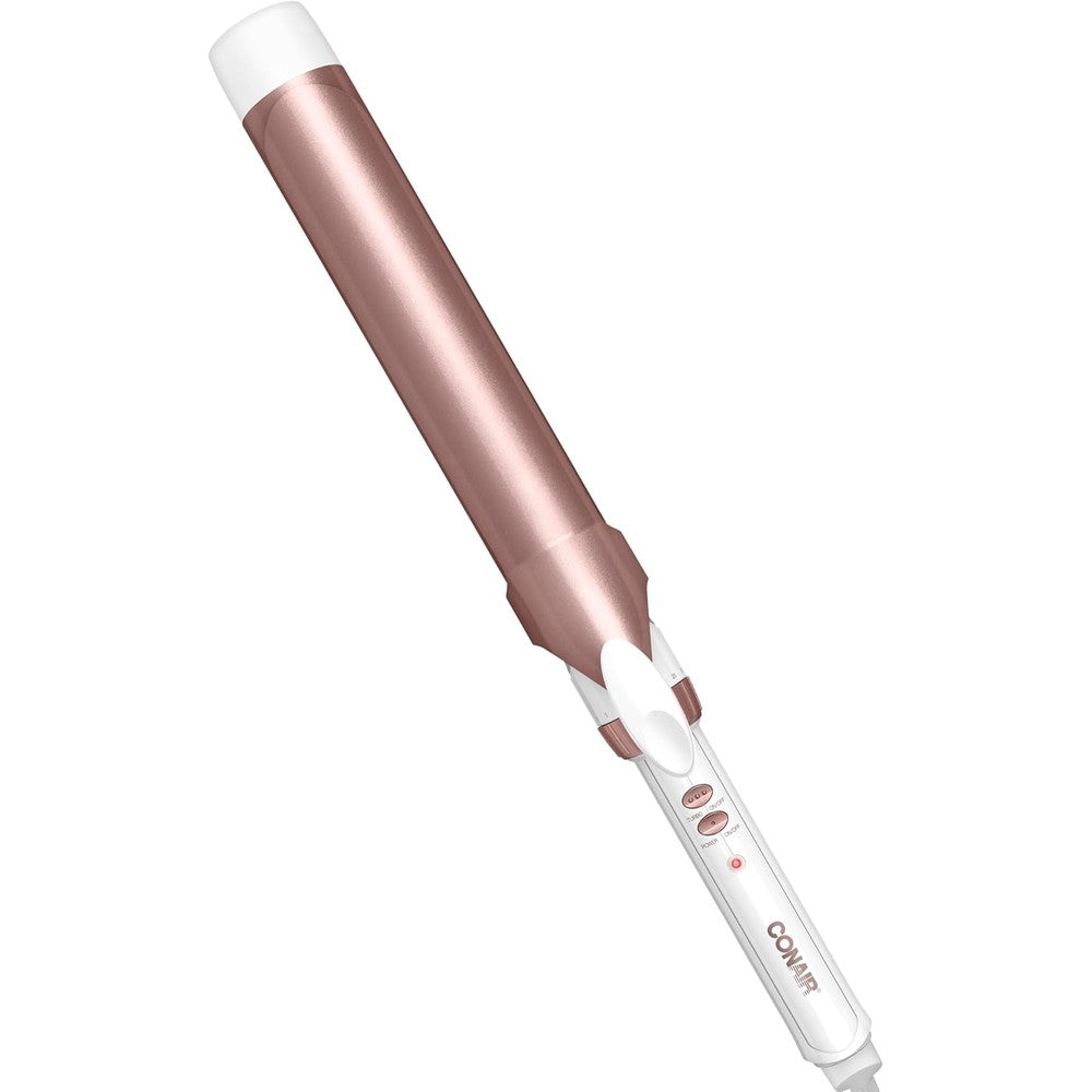 Conair Double Ceramic Long Barrel Curling Iron front view showcasing the white handle and rose gold barrel.