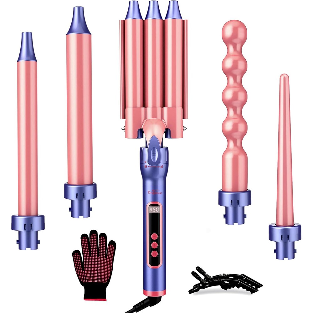 Brightup Pro 5-in-1 Curling Iron Wand set front view for professional hair styling