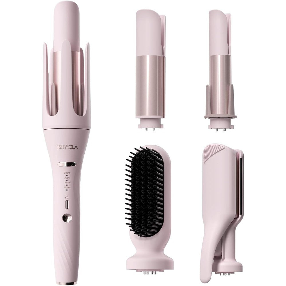 Tsuyagla 5 in 1 automatic curling iron set in pink