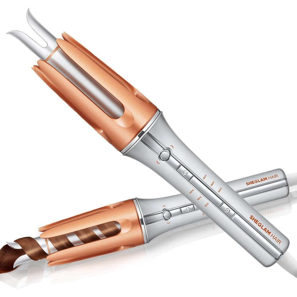 Sheglam automatic curling iron front view showing rose gold barrel