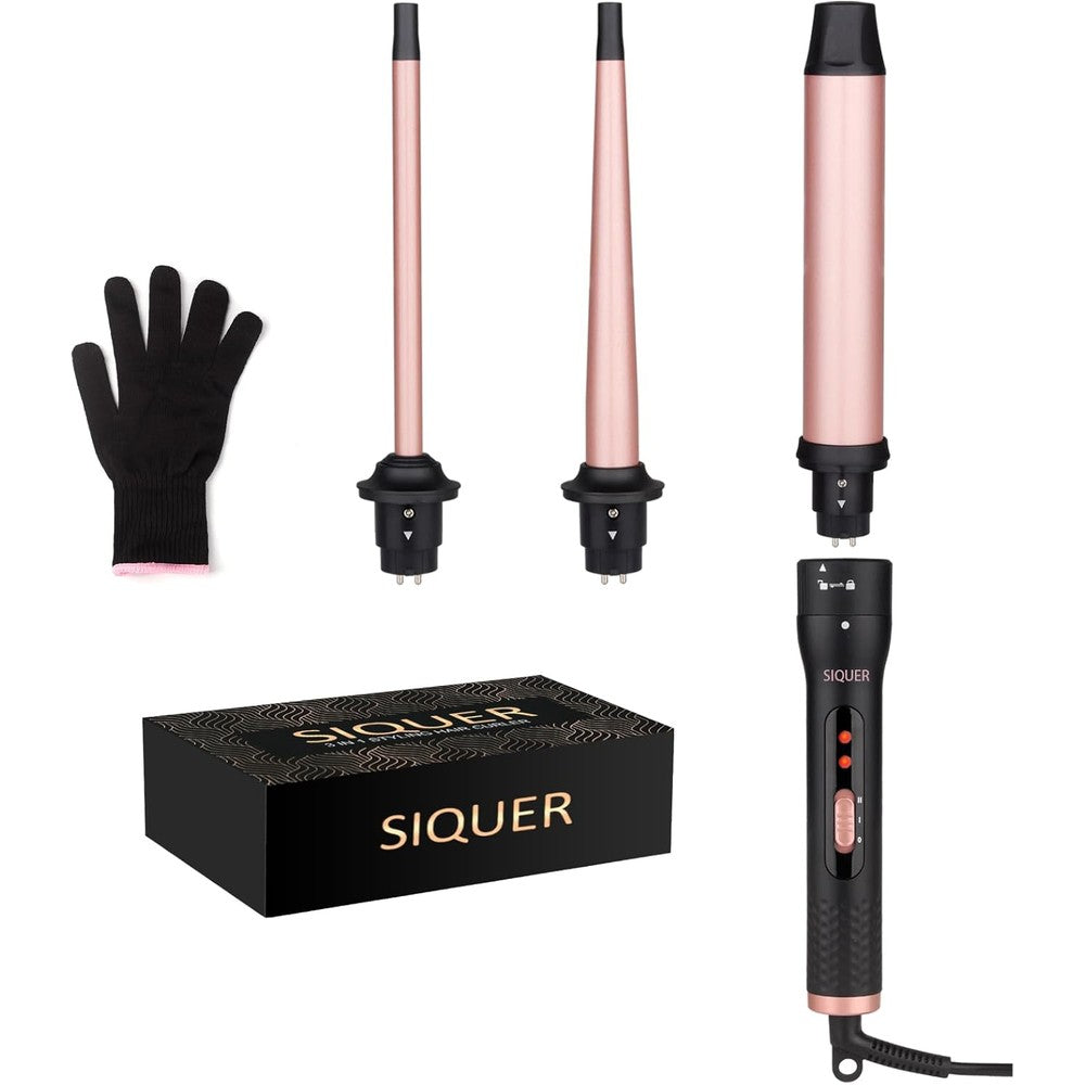 Siquer 3-in-1 curling wand set with interchangeable ceramic barrels front view