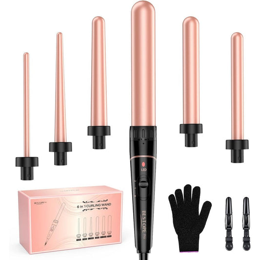 Bestope Pro 6-in-1 long barrel curling wand set with rose gold attachments